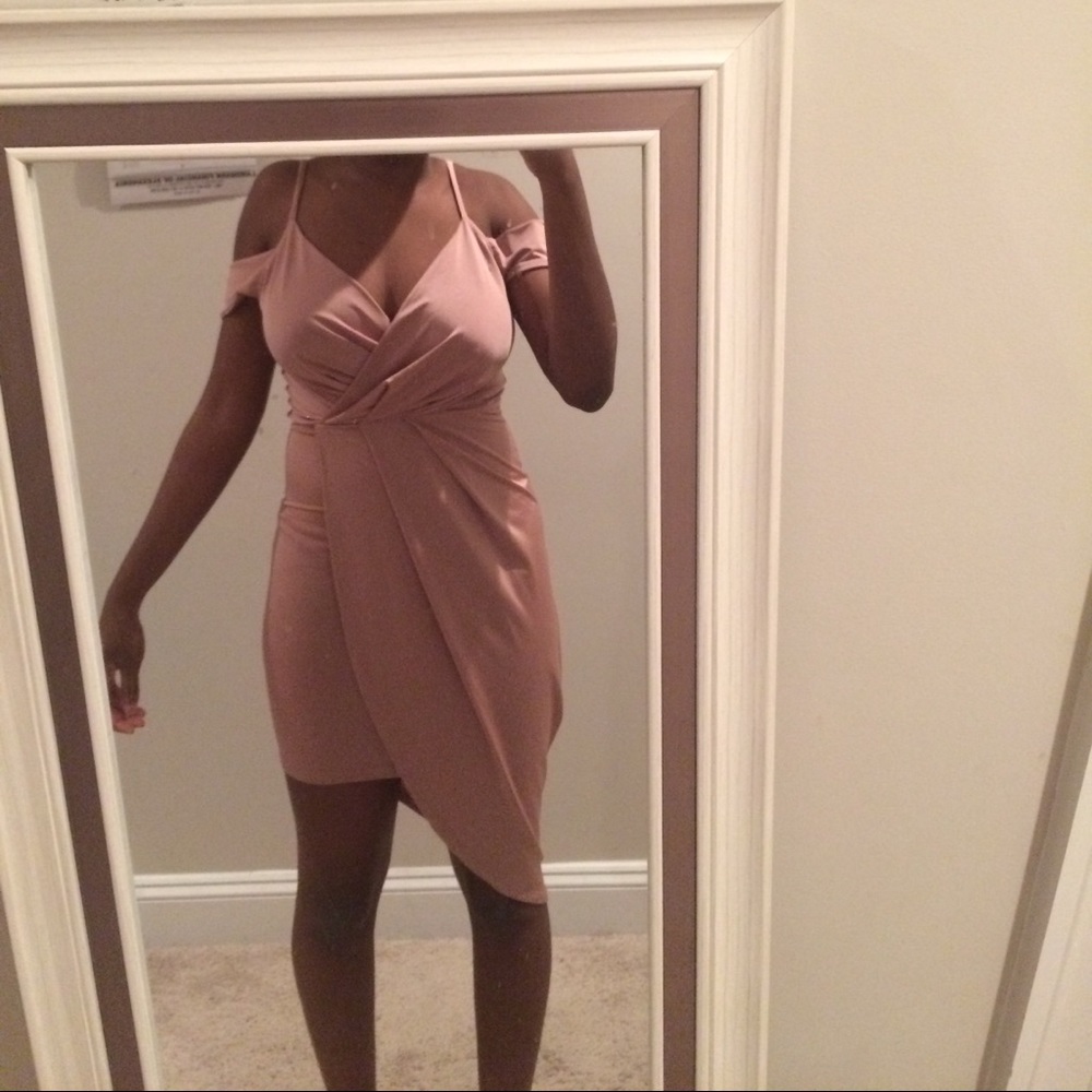Satin high low off the shoulder wrap dress